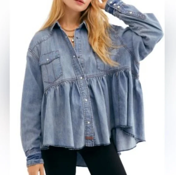 Free People Dylan Babydoll Shacket Snap Front High Low Hem Chambrey Size Sm NWT - Picture 11 of 16